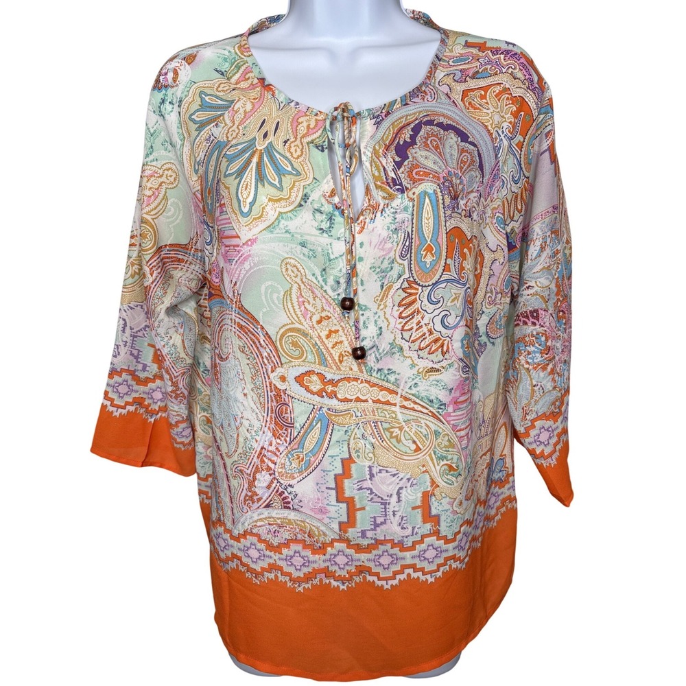 Saint Tropez West Womens Orange Paisley Blouse Sz S Excellent‎ Boho Resortwear